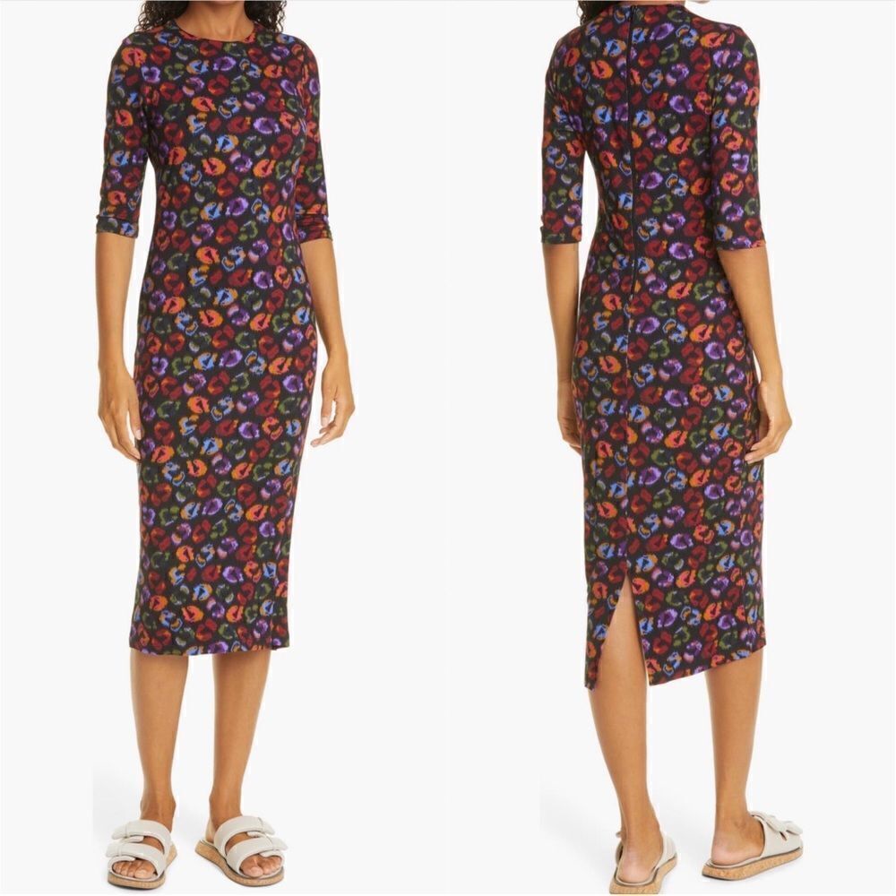 FARM Rio Leopard Print Jersey Sheath Dress in Black Ikat-Dyed Size S
